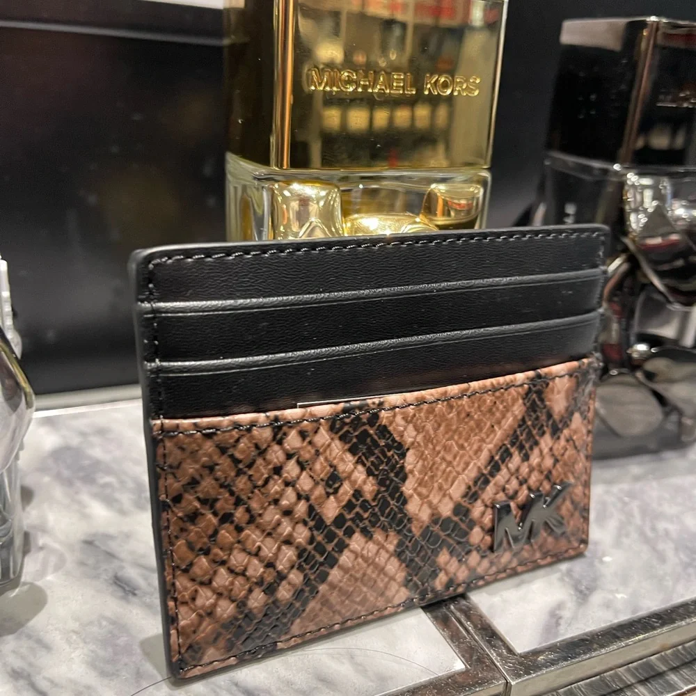MICHAEL KORS Cyrus Snake Embossed Tall Card Case Driftwood NWT